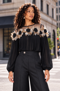 W6638 PLEATED FLORAL APPLIQUÉ TOP