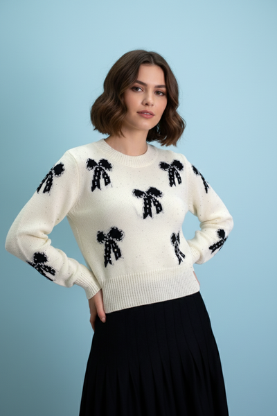 US0001 RHINESTONE BOWTIE SWEATER (WHT, GRN)