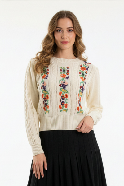 US0002 EMBROIDERED FLORAL CREWNECK SWEATER