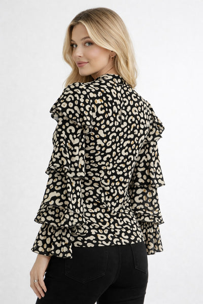 W8526 LEOPARD PRINT RUFFLE TIE-NECK TOP