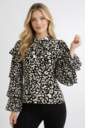 W8526 LEOPARD PRINT RUFFLE TIE-NECK TOP