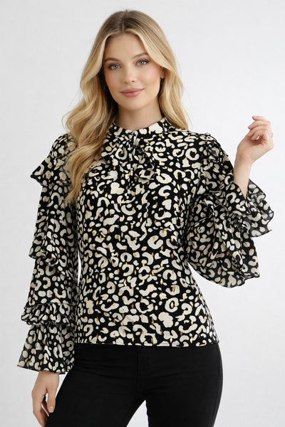 W8526 LEOPARD PRINT RUFFLE TIE-NECK TOP