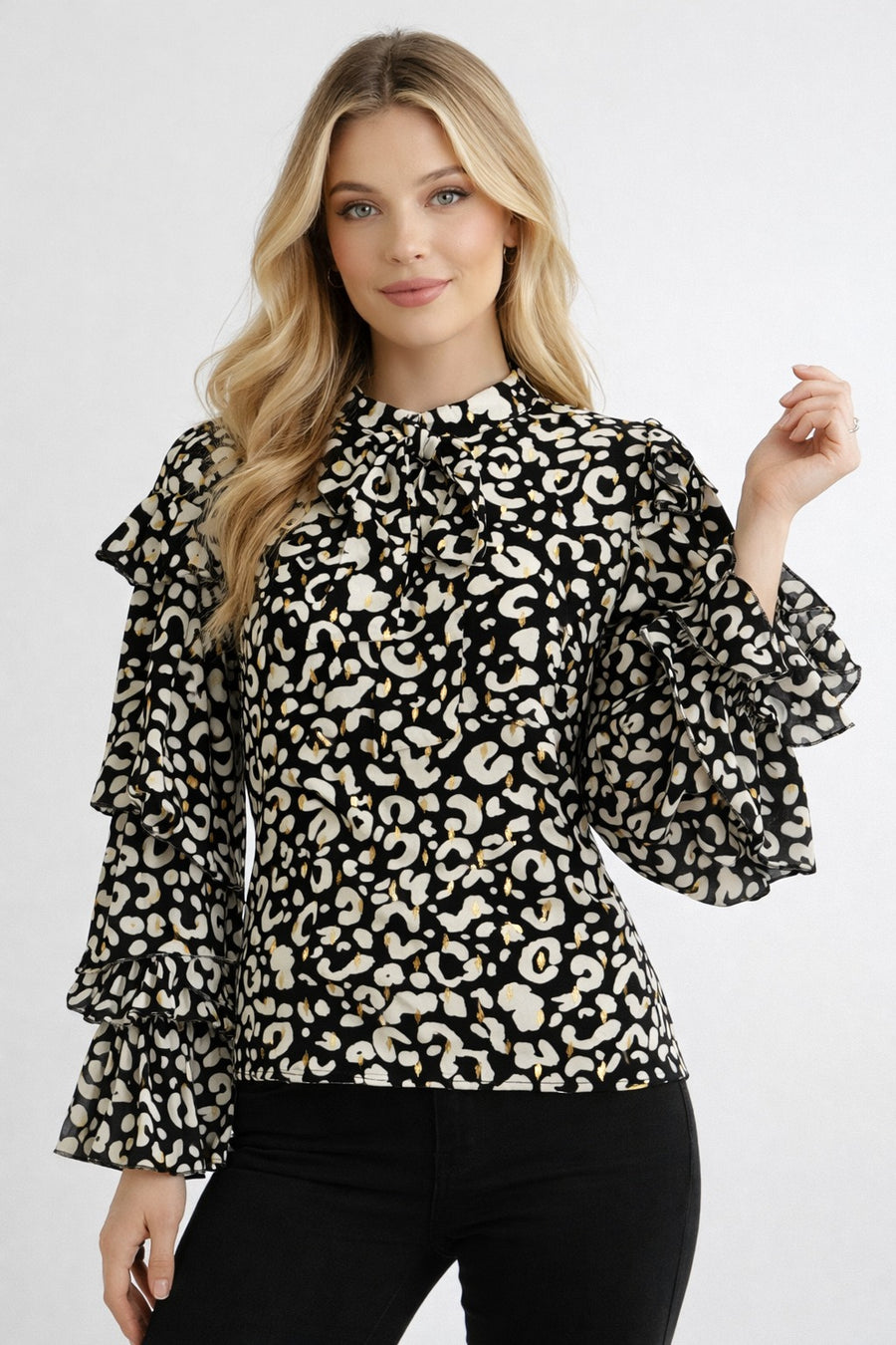 W8526 LEOPARD PRINT RUFFLE TIE-NECK TOP