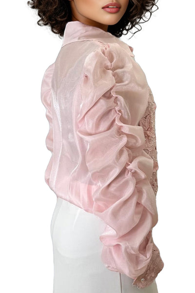 S3032 SHEER SCRUNCHED SLEEVE TOP (WHT, PINK)