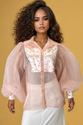 A94059 SHEER PUFF SLEEVE TUXEDO TOP