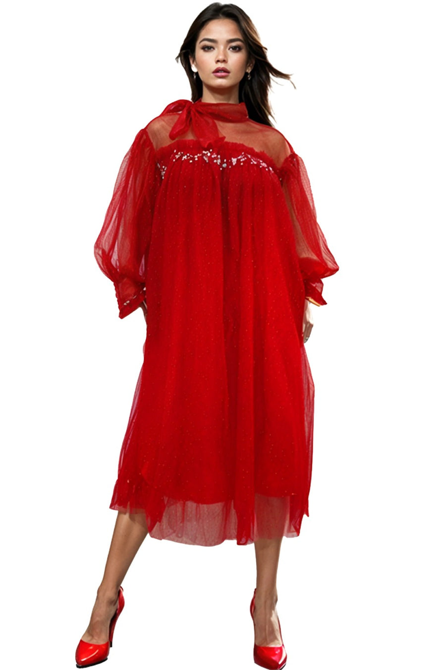 W760 SHEER LONG SLEEVE MIDI DRESS N by Nancy W760 SHEER LONG SLEEVE MIDI DRESS N by Nancy