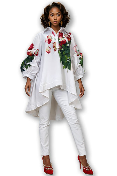 S2311 GATHERED SLEEVE HI-LO TOP (WHT, BLUE)