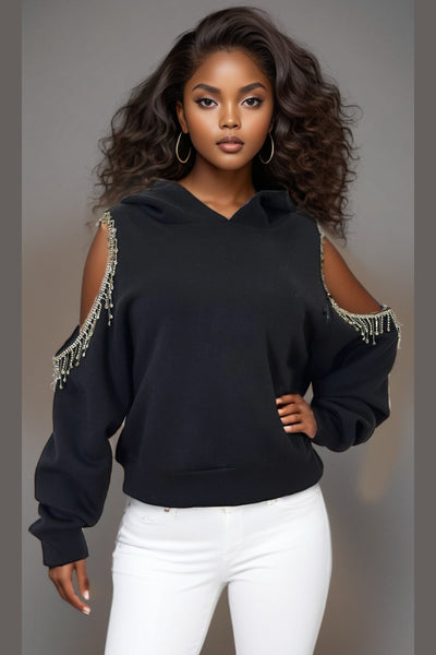 W8368 RHINESTONE FRINGE SWEATER TOP