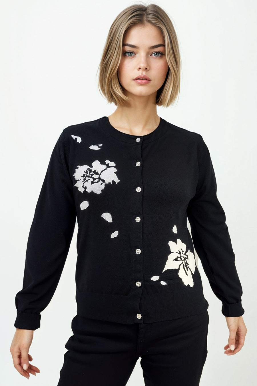 H5835 FLORAL CARDIGAN SWEATER (BLK, WHT)