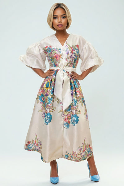 A94140 FLORAL PUFF SLEEVE DRESS