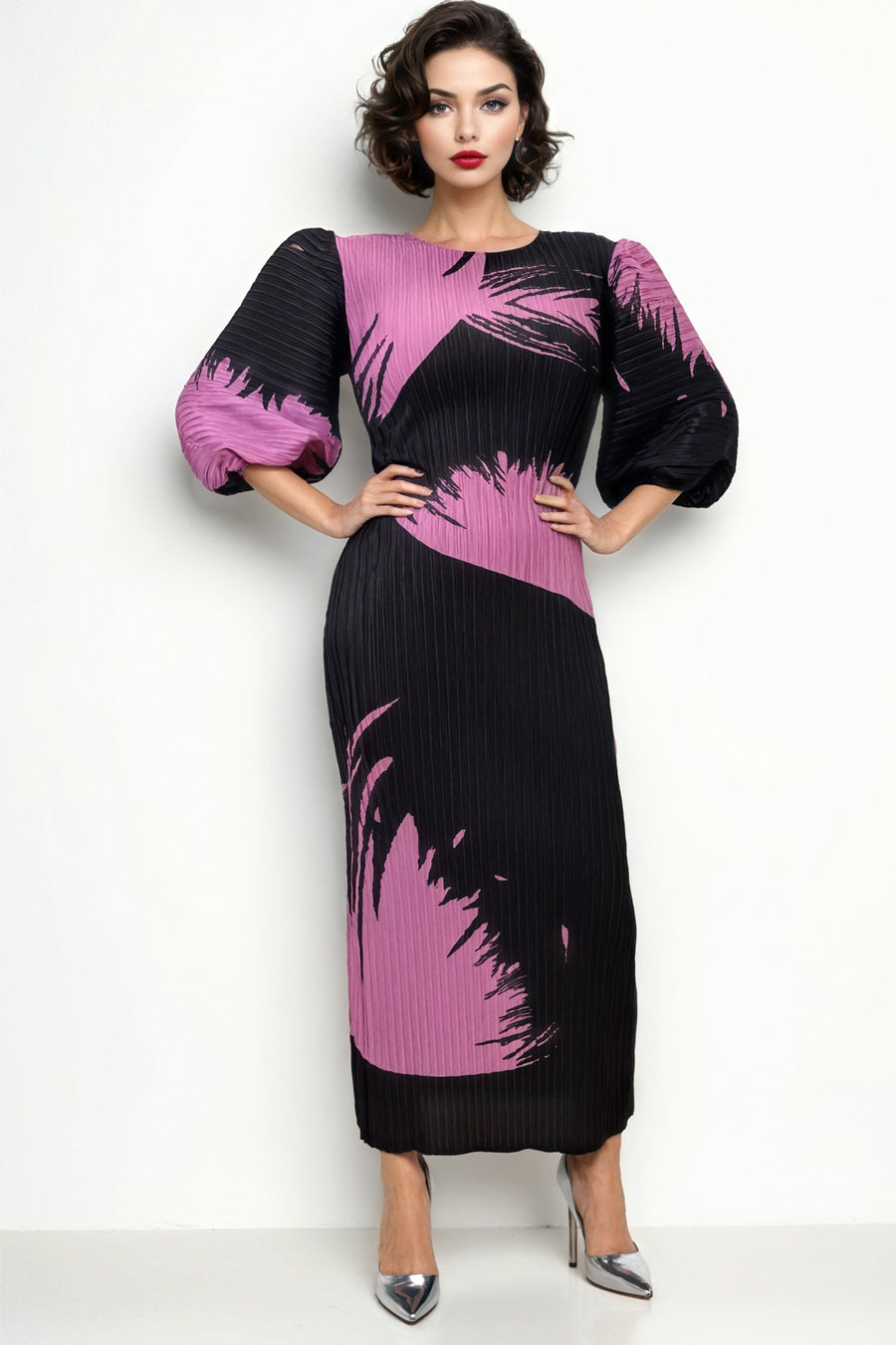 N24156 CRINKLED PUFF SLEEVE DRESS