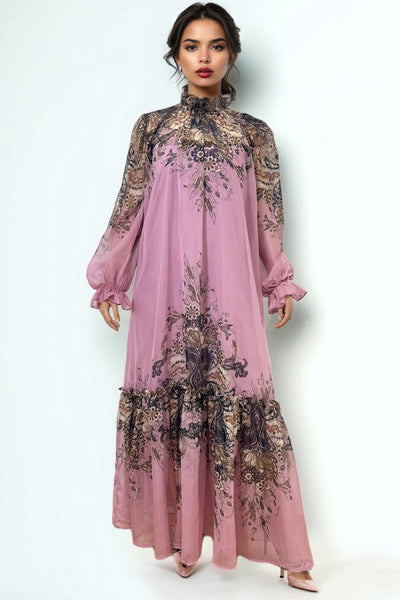 X7901 RUFFLE NECK FLORAL DRESS