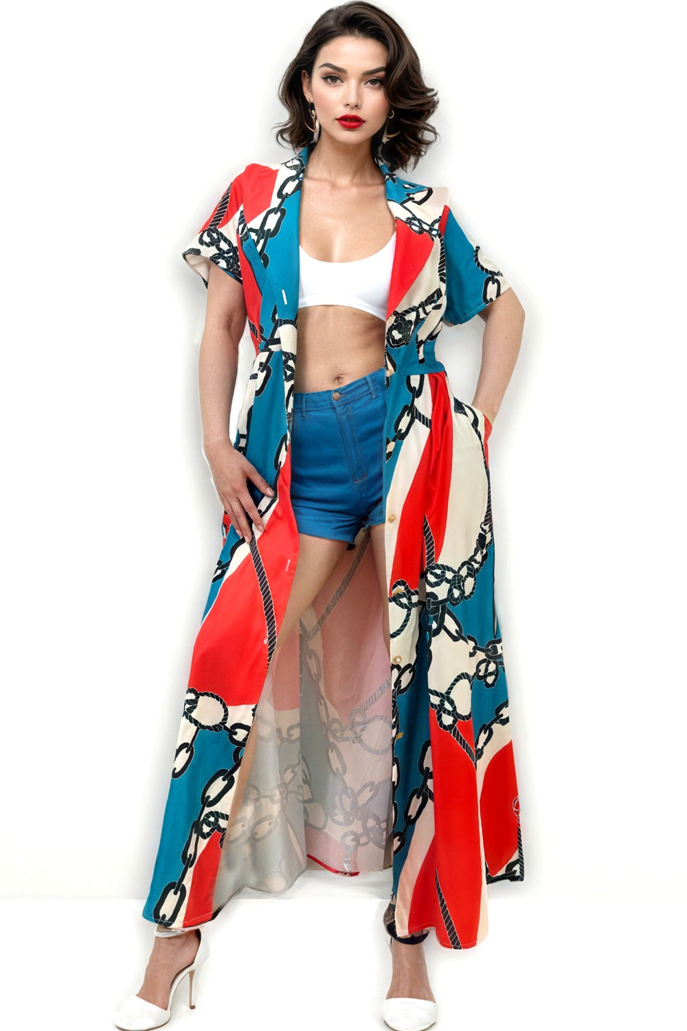 chain print long dress Women's Chain Reaction Chain Print Satin Maxi Dress in Blue