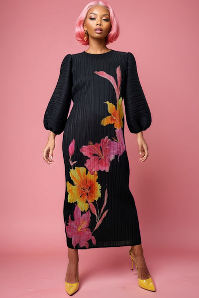 N2525 PUFF SLEEVE CRINKLED DRESS