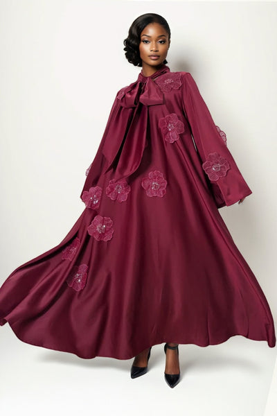 C3506 BEADED PETAL TIE NECK MAXI DRESS