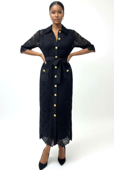 E73056 BUTTONS & LACE MAXI DRESS (BLK, BLUE)