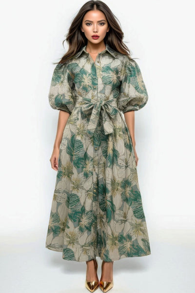 A95142 BROCADE PUFF SLEEVE MAXI DRESS