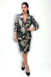 T2099A BROCADE FOLIAGE RUCHED SLEEVE BLAZER