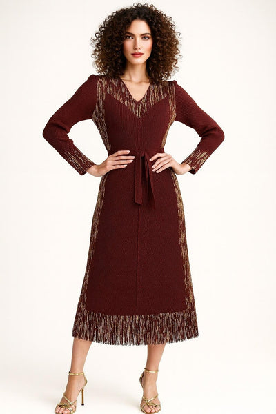 HX0001 FRINGE CRINKLED DRESS (WINE, BLK)