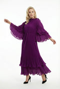 NY0042 DRAMATIC FLOUNCE-SLEEVE MAXI DRESS (PUR, BLK)
