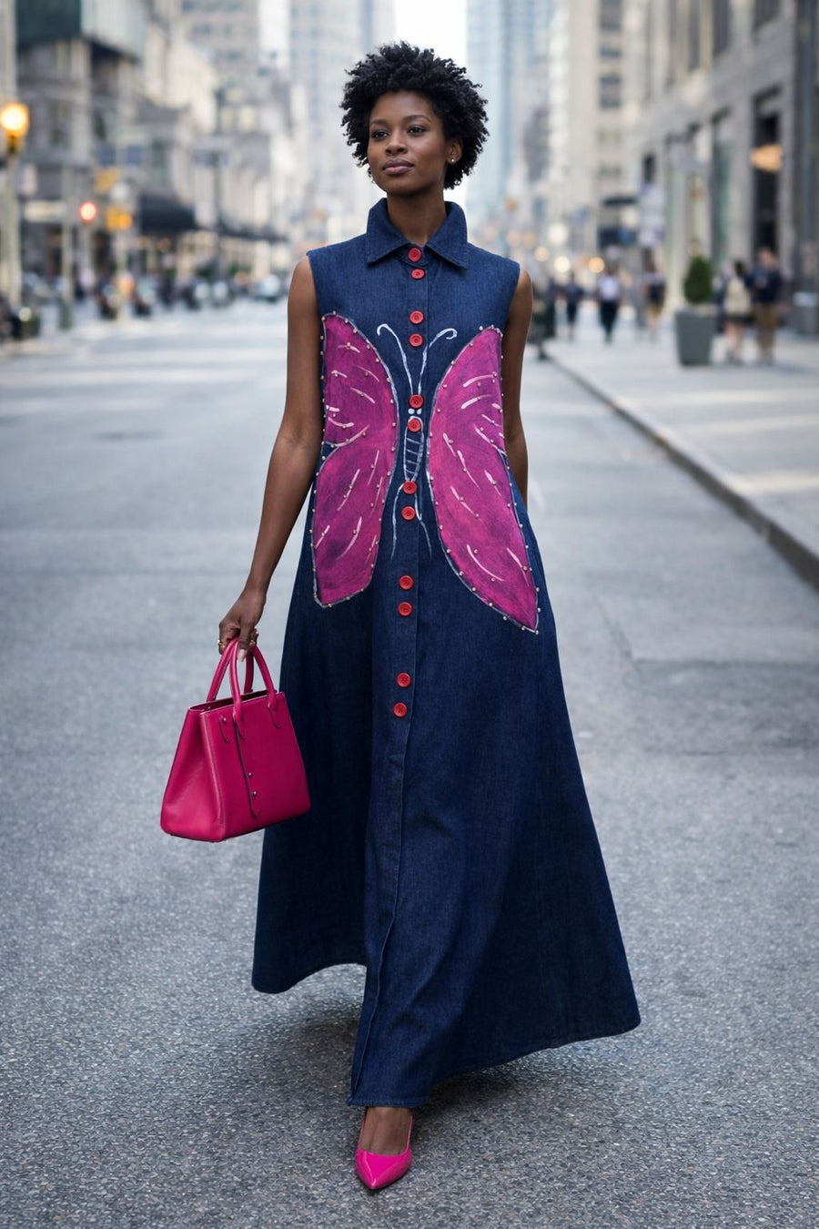 E8050 BUTTERFLY PANEL DENIM MAXI DRESS