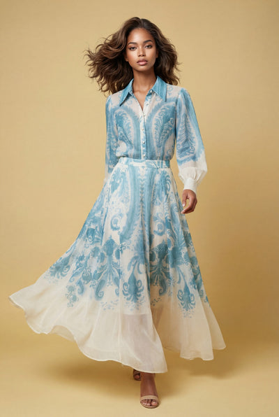 A95057AB VINTAGE PRINTED ORGANZA SKIRT SET