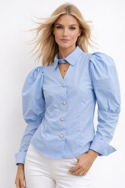 A95018 STRUCTURED PUFF SLEEVE POPLIN TOP (BLU, WHT)