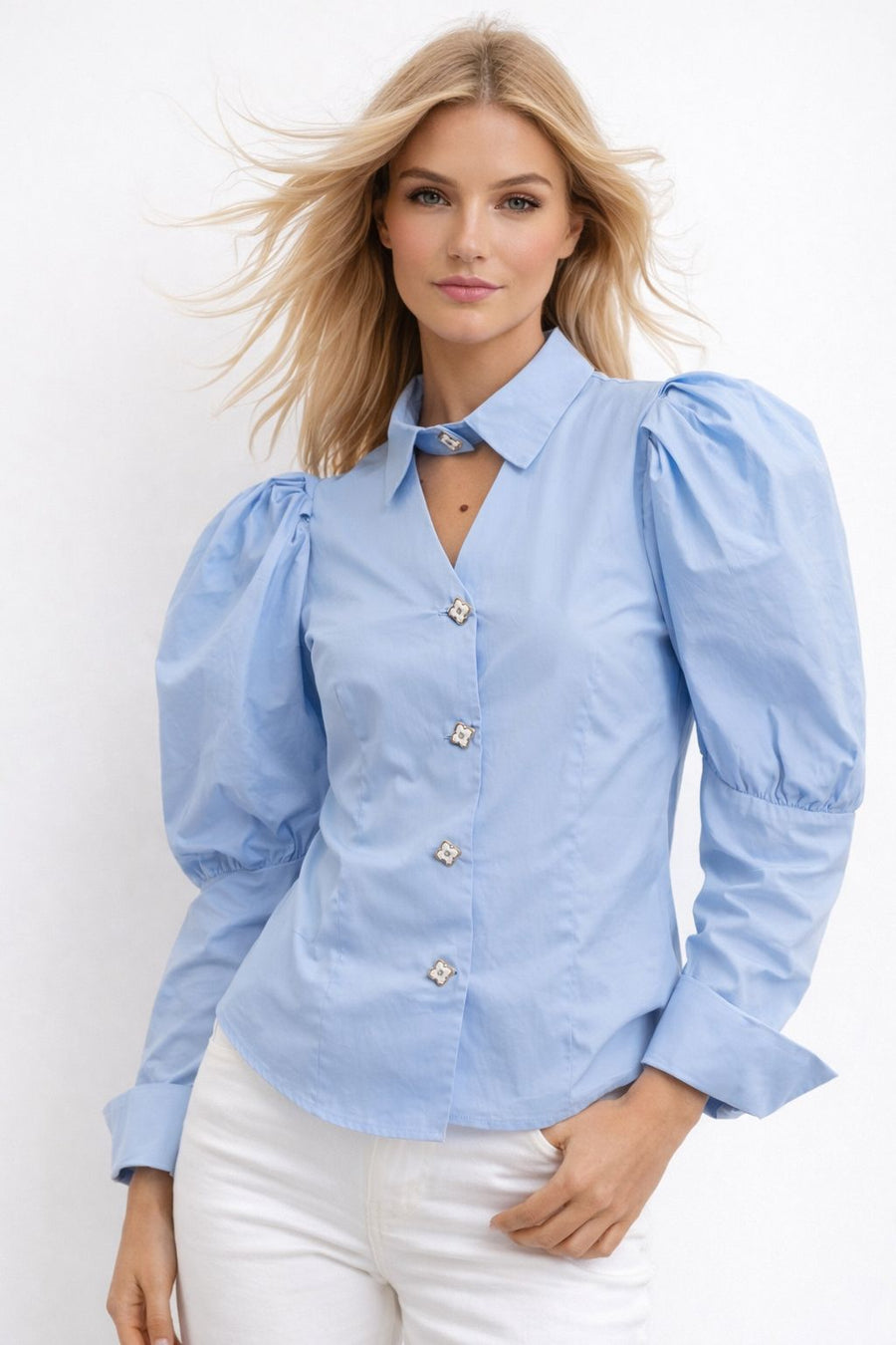 A95018 STRUCTURED PUFF SLEEVE POPLIN TOP (BLU, WHT)