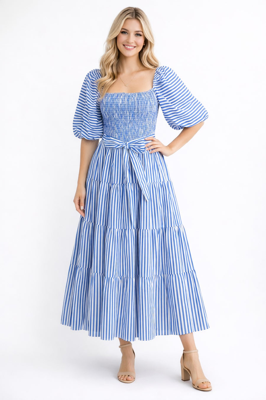 W85851 SEABREEZE TIERED STRIPE MAXI DRESS