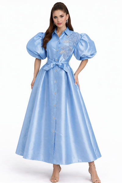 T2667 FLORAL APPLIQUE PUFF SLEEVE MAXI DRESS