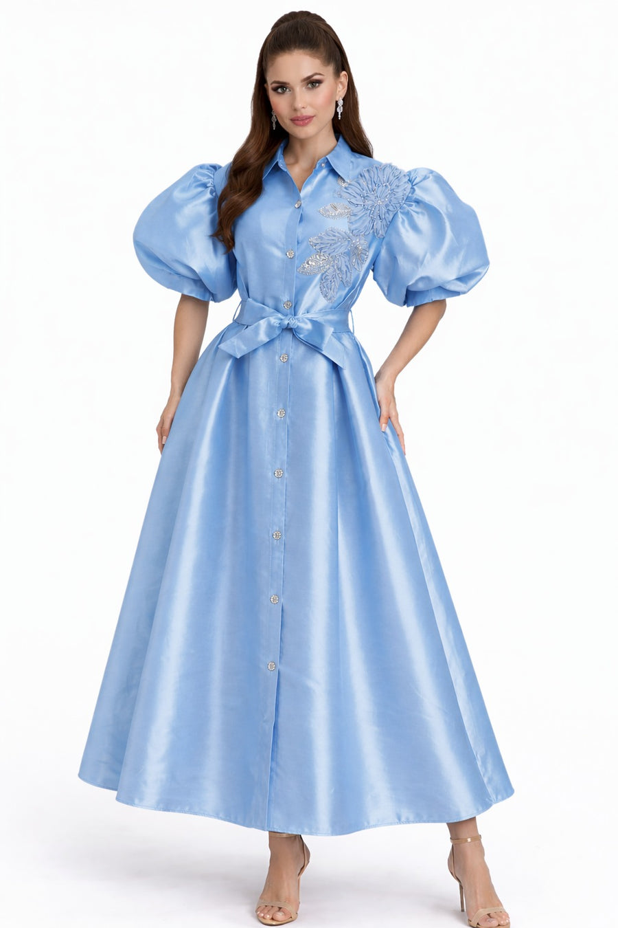 T2667 FLORAL APPLIQUE PUFF SLEEVE MAXI DRESS