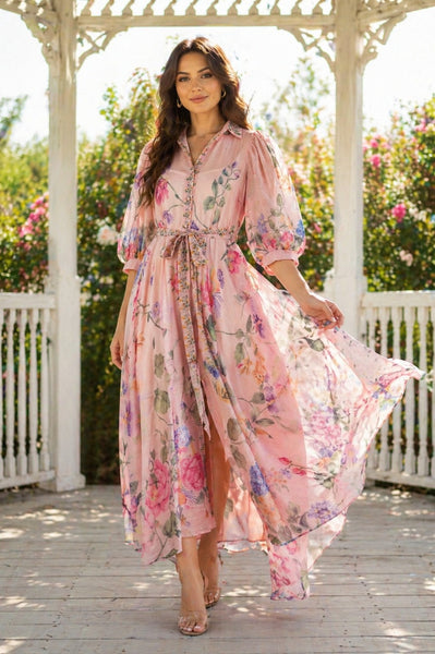 GF1770 SHEER ORGANZA PUFF SLEEVE MAXI DRESS