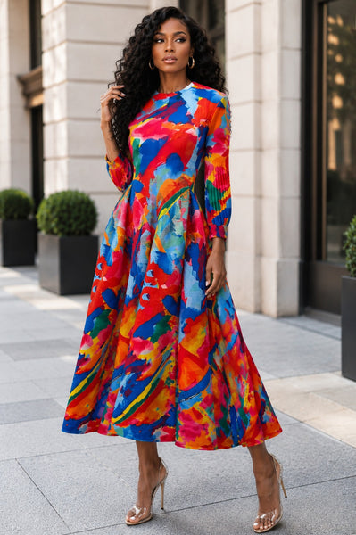 NY0070 ABSTRACT MULTICOLOR CRINKLE MAXI DRESS