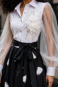 W6636 STATEMENT FEATHER FLOWER APPPLIQUE COLLARED TOP