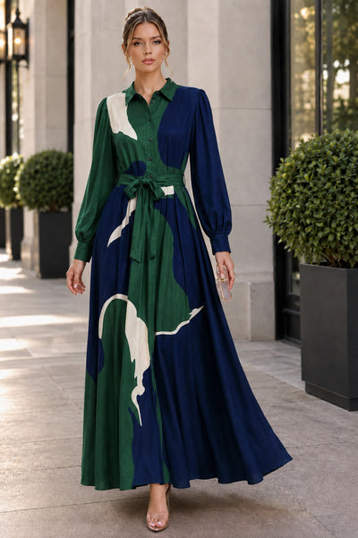 TL9098 ABSTRACT PRINT BELTED SHIRT MAXI DRESS