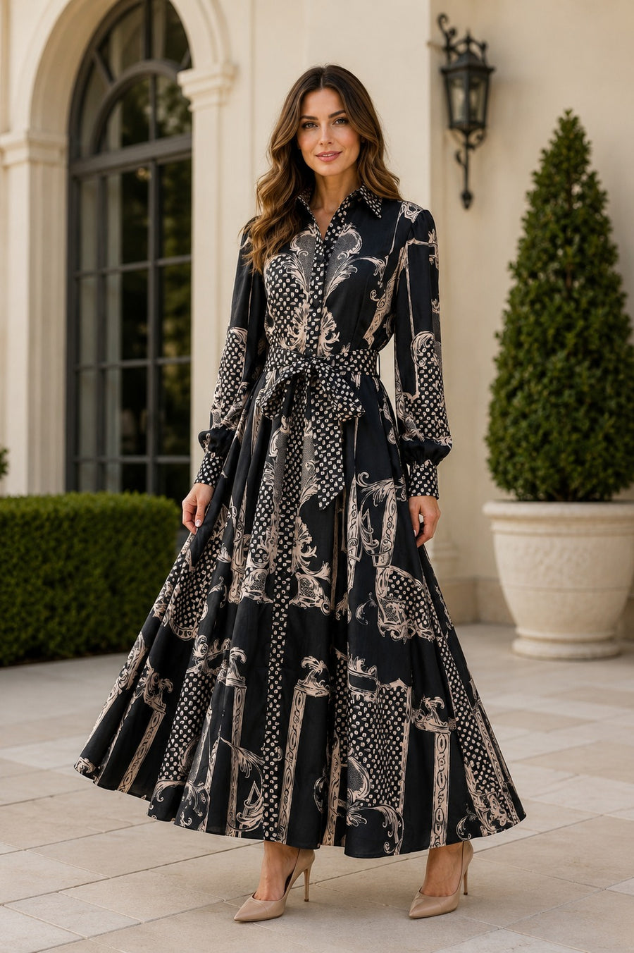 TL9085 ORNATE SCARF-PRINT MAXI DRESS