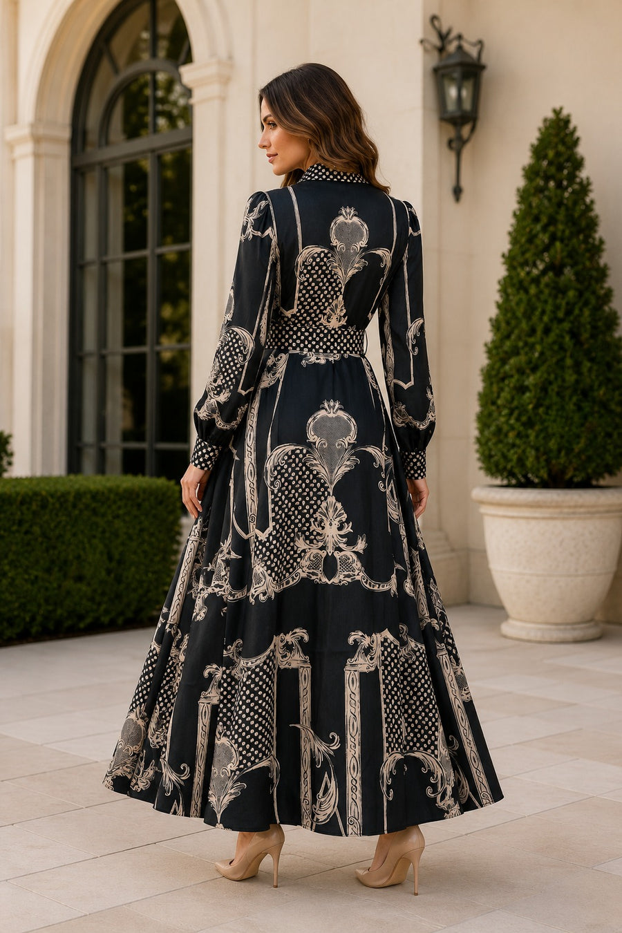 TL9085 ORNATE SCARF-PRINT MAXI DRESS
