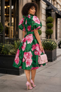 T26001 FLORAL PUFF-SLEEVE BELTED MIKADO MIDI DRESS