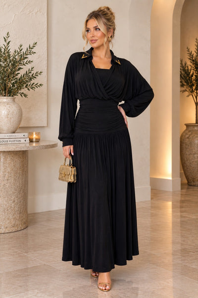 W6655 GOLD-TIP COLLAR BLOUSON MAXI DRESS