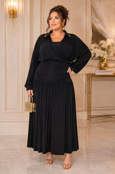 W6655 GOLD-TIP COLLAR BLOUSON MAXI DRESS