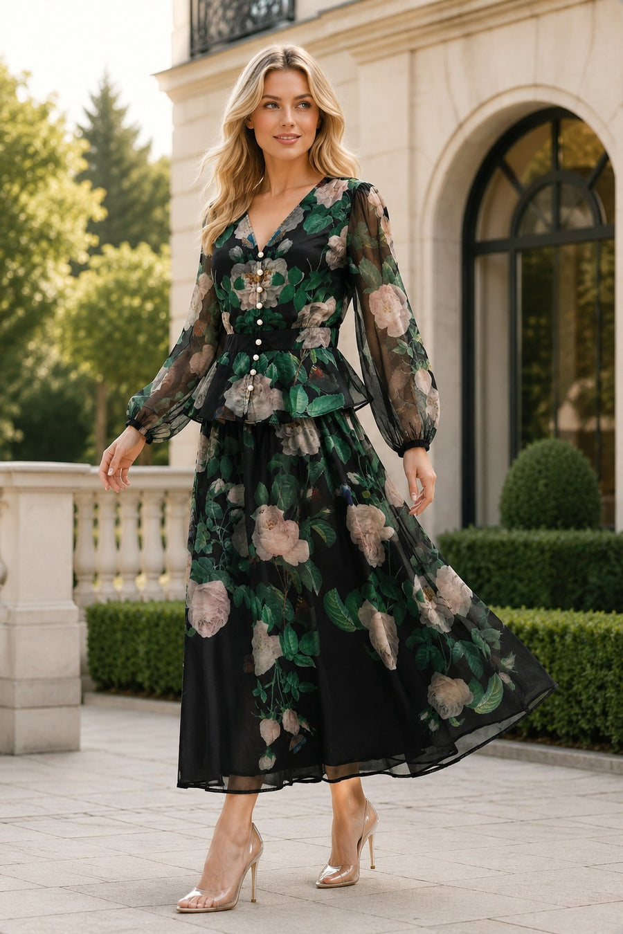 CH908AB VINTAGE ORGANZA ROSE GARDEN MAXI SKIRT SET