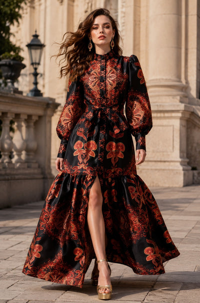 TL90221 PASILEY PRINT MIKADO MAXI DRESS