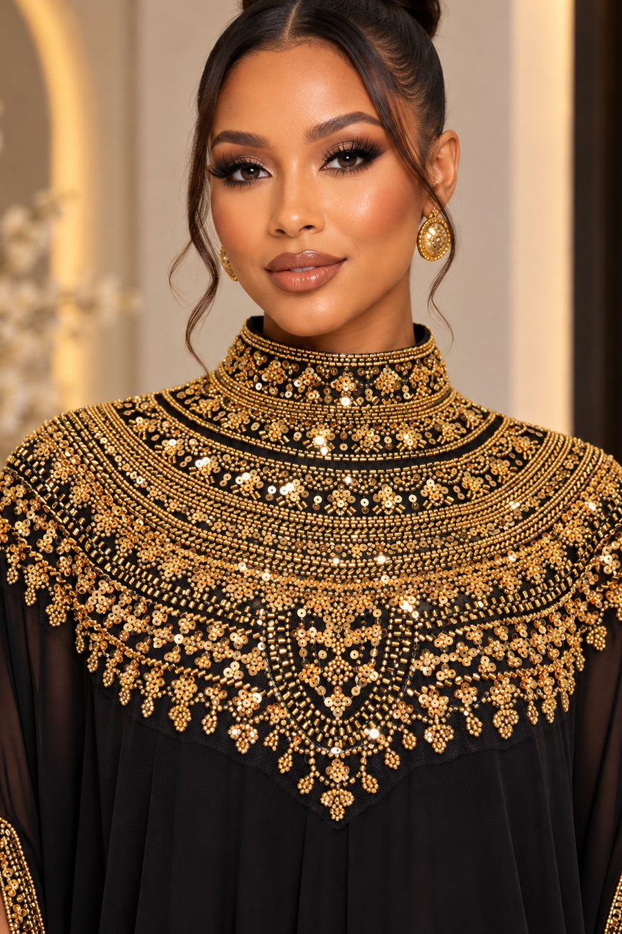 W6615 EMBELLISHED CAPE MAXI DRESS