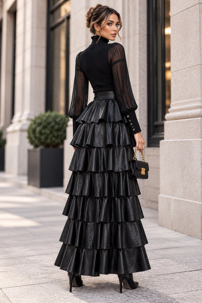 X7069 LEATHER TIERED RUFFLE MAXI SKIRT(GRN, BLK)