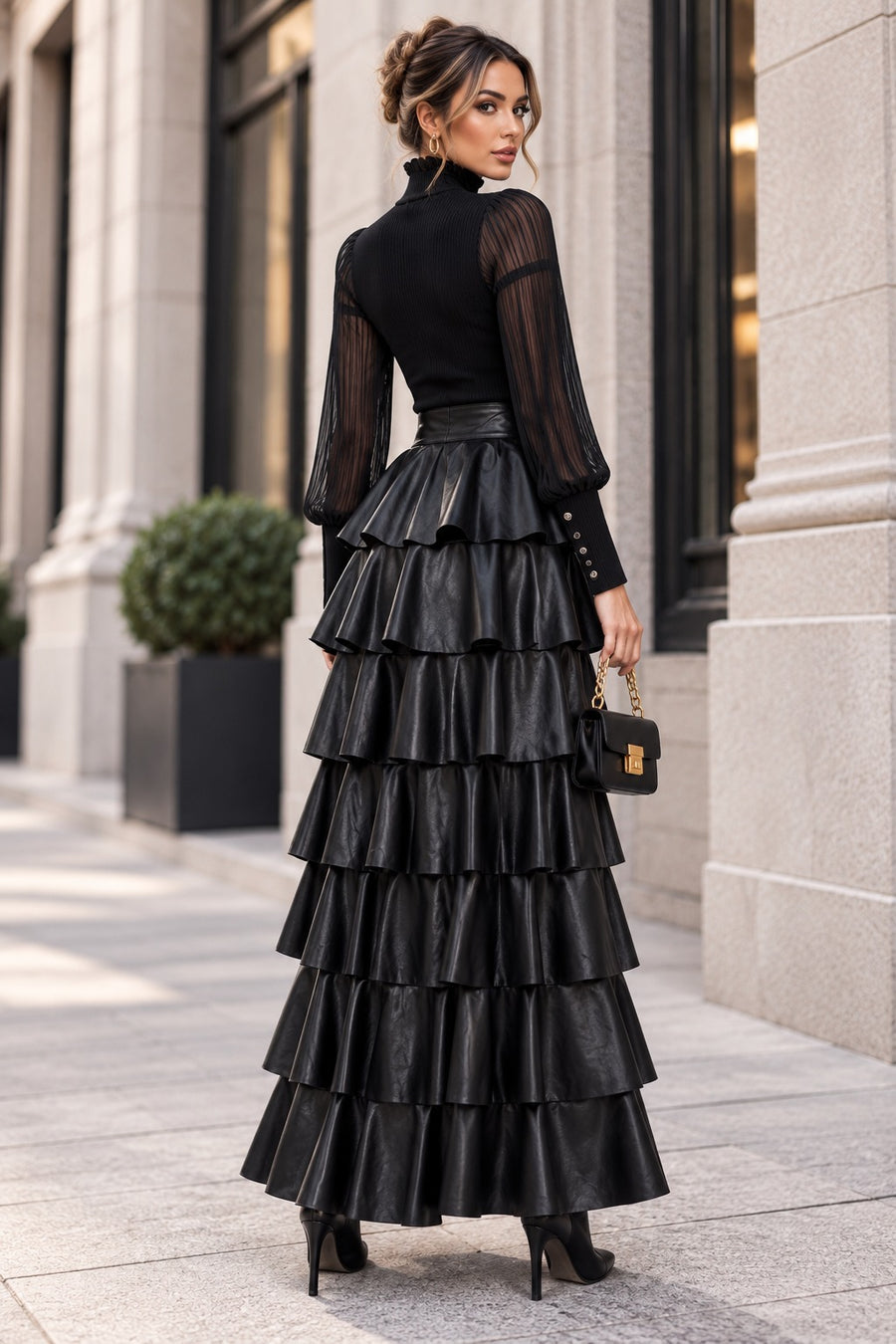 X7069 LEATHER TIERED RUFFLE MAXI SKIRT(GRN, BLK)