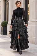 X7069 LEATHER TIERED RUFFLE MAXI SKIRT(GRN, BLK)