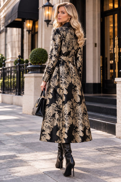 TL0061 METALLIC FLORAL JACQUARD BELTED MIDI JACKET DRESS