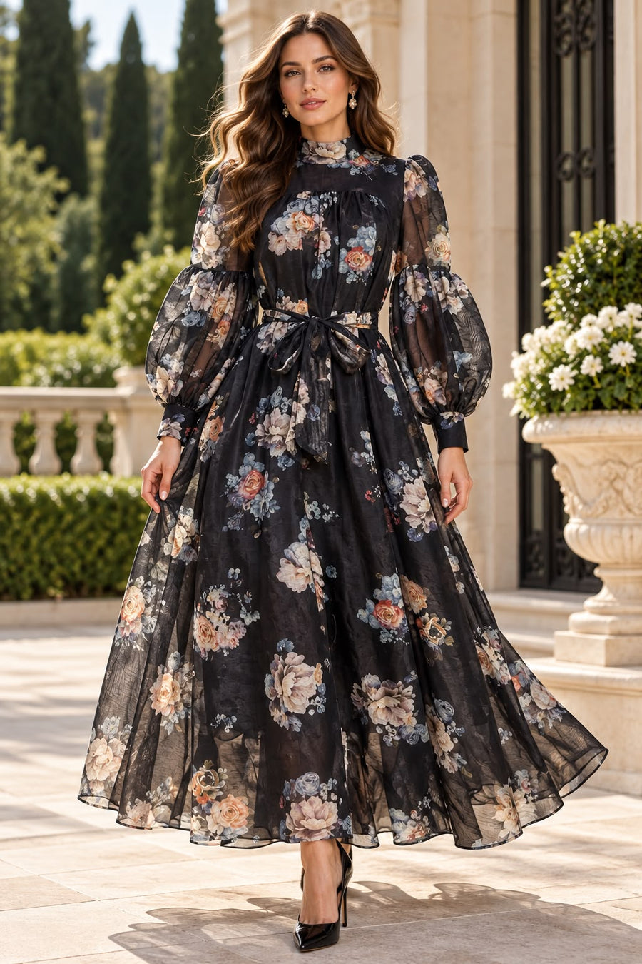 CH925 MIDNIGHT GARDEN ORGANZA MAXI DRESS