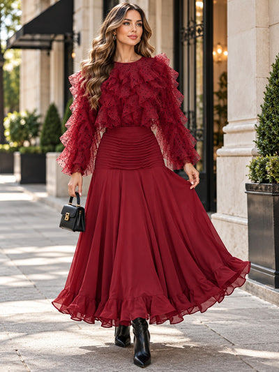 X8082 PLEATED FLOUNCE MAXI SKIRT (BLK, RD)