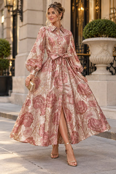 T26050 LUXE BROCADE BUTTON-FRONT MAXI DRESS